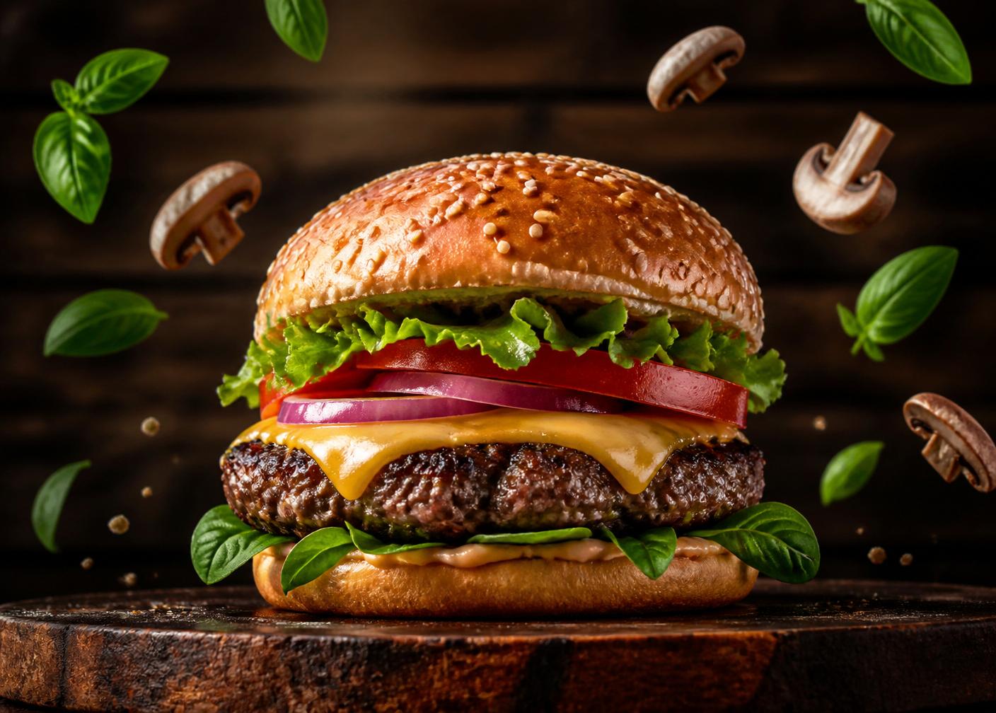 Grilled beef burger with melted cheese and fresh vegetables